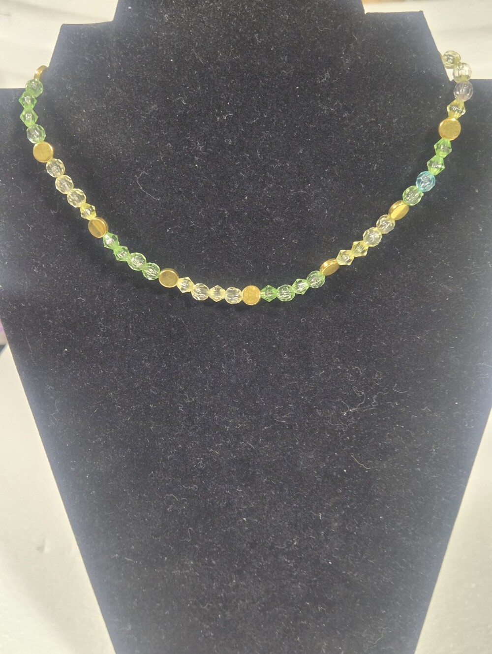 Handcrafted Delicate Green & Clear Beaded Necklace with Gold Accents